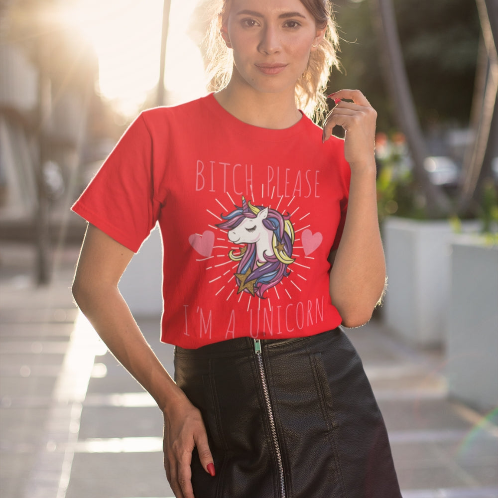 Constable Designs Bitch Please Unicorn Red Poppy Ladies T-shirt