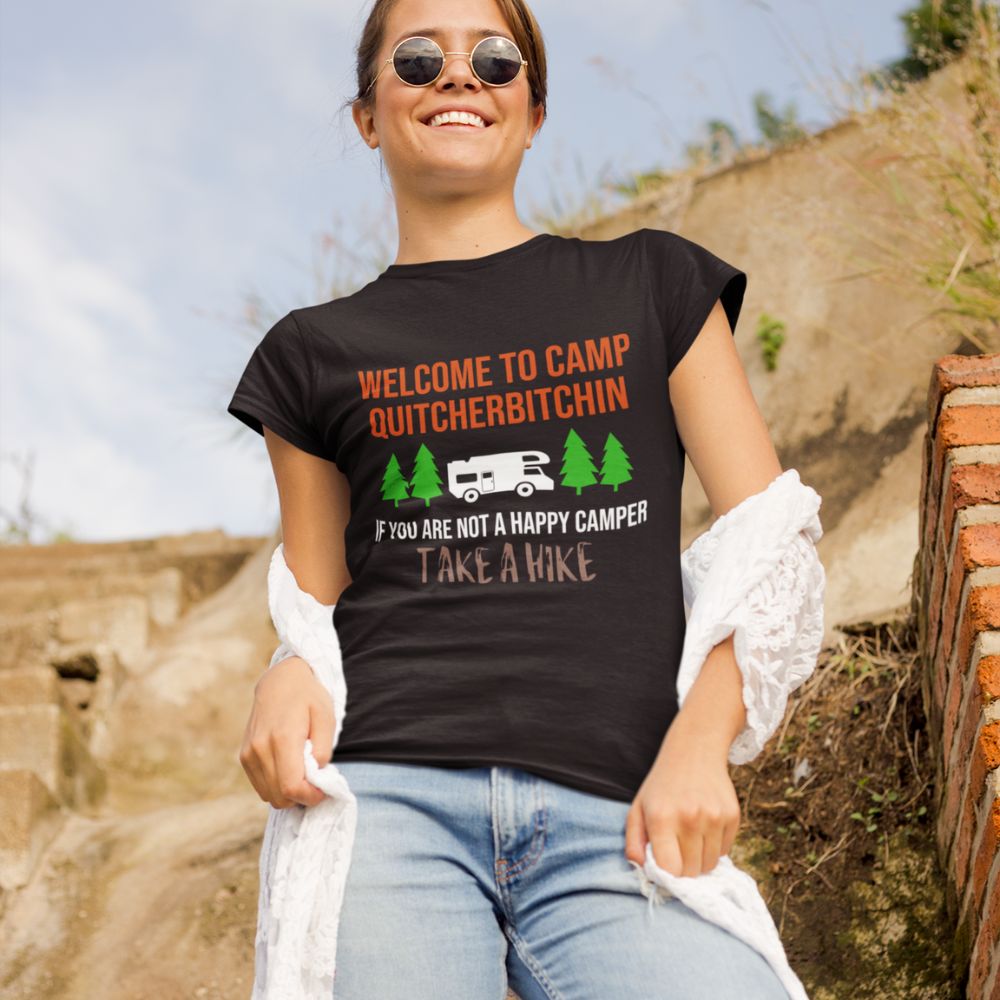 Constable Designs Camp Quitcherbitchin Black Ladies T-shirt